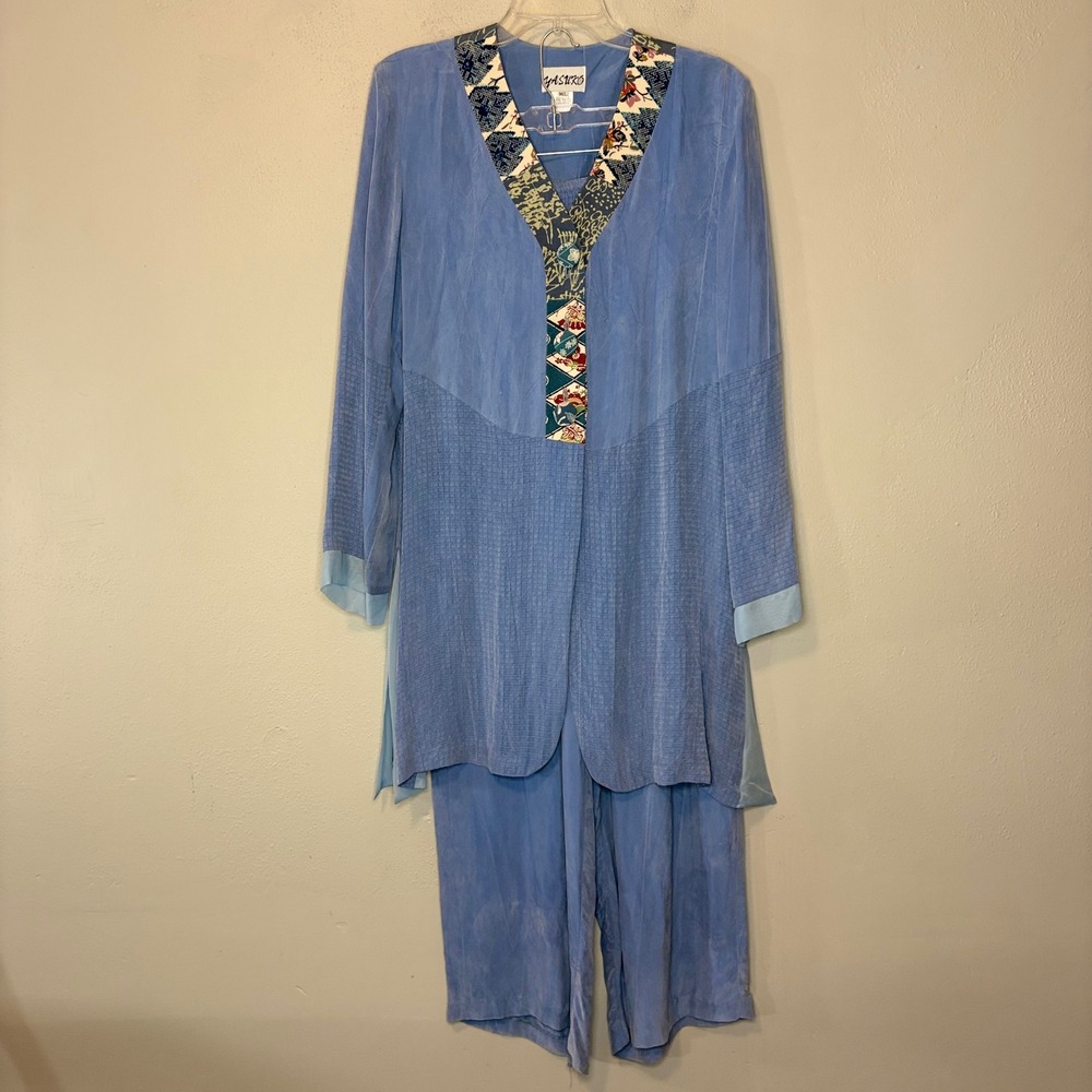 Yasuko 100% Silk Tunic Pants Set Womens M/L Blue Vintage Kimono Art To Wear USA